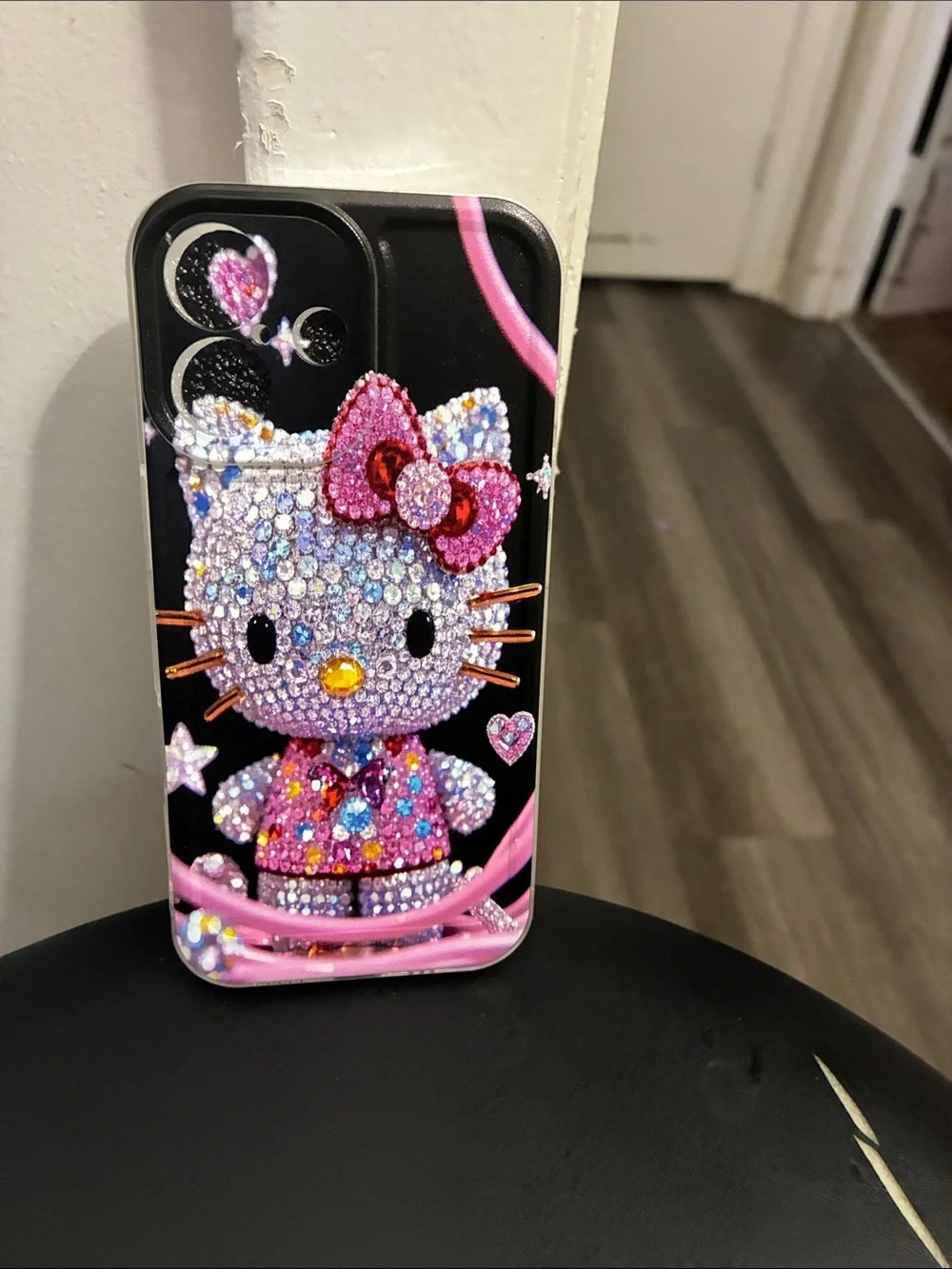Hello Kitty Pink Black Floral Glitter Phone Case with Lanyard